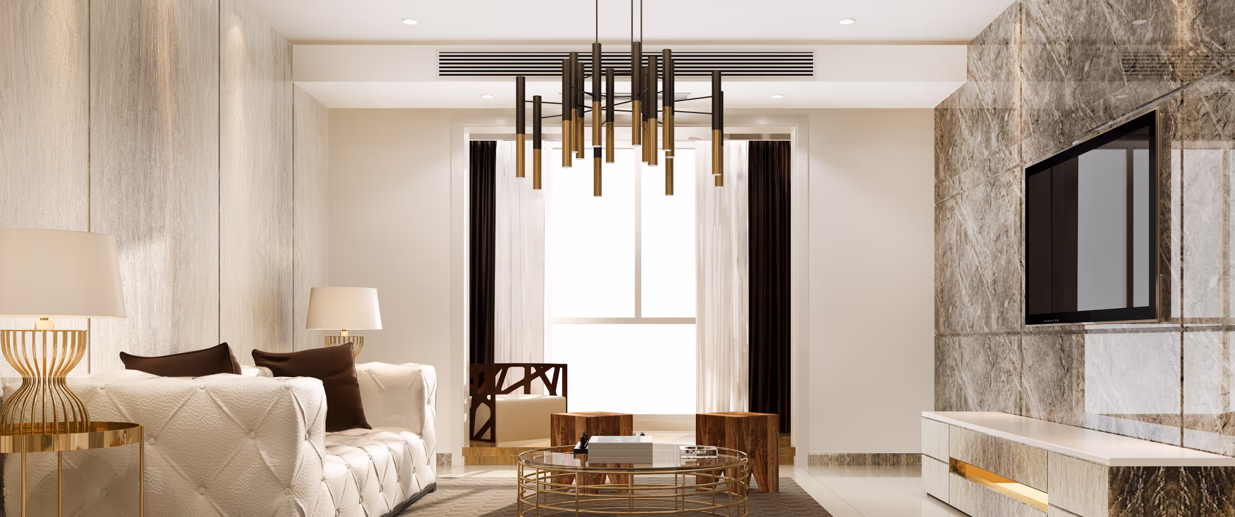 Spacious modern living room interior designed by DecoNest